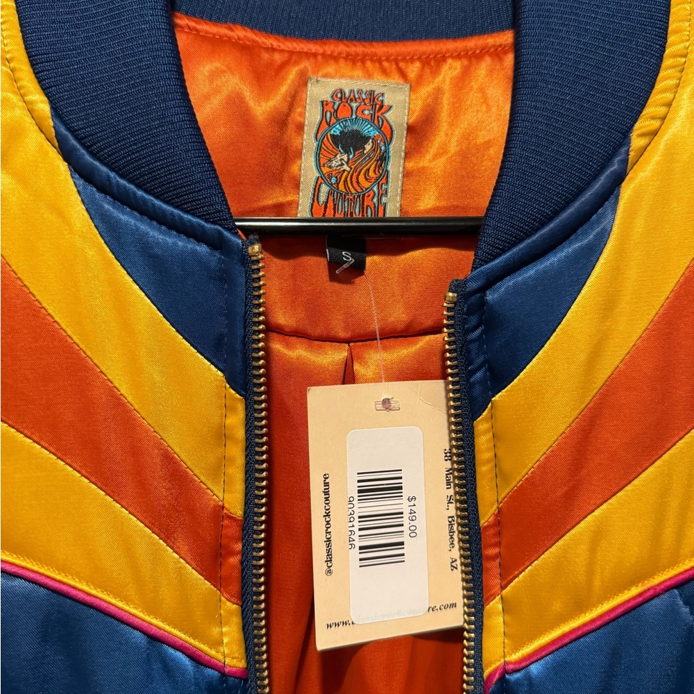 Quilted Blue Satin Bomber Jacket with Orange & Yellow Panels - Picture 4 of 4